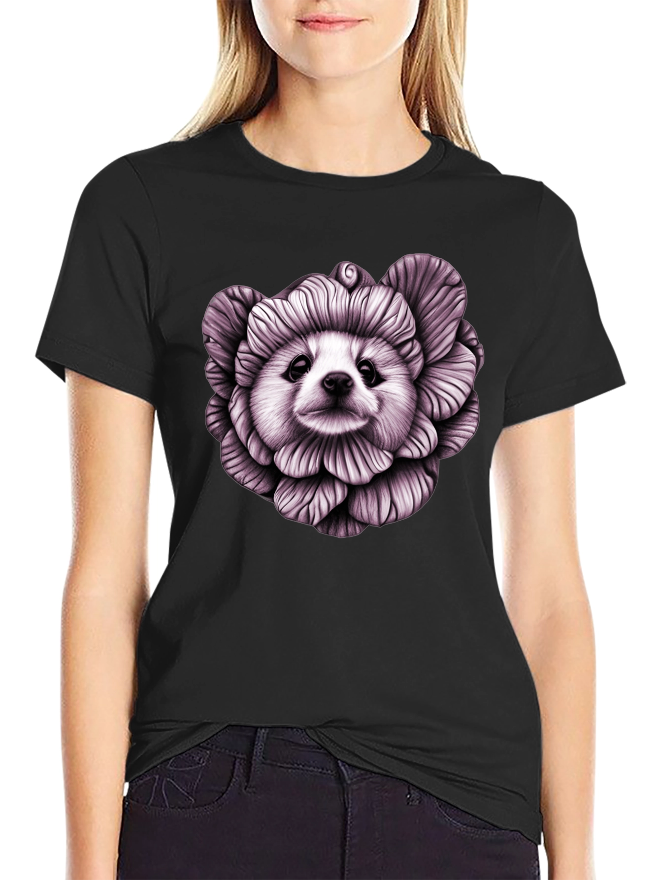 Floral Dog Graphic Black T-Shirt