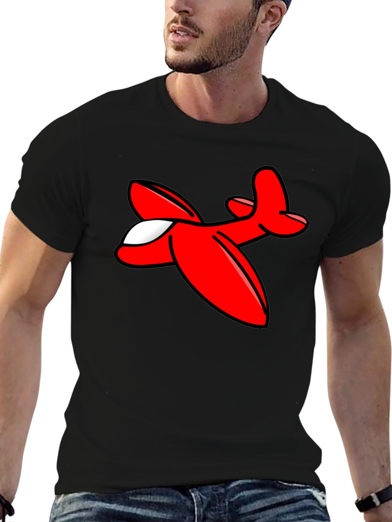 Cartoon Airplane Graphic Tee - Black Cotton T-Shirt