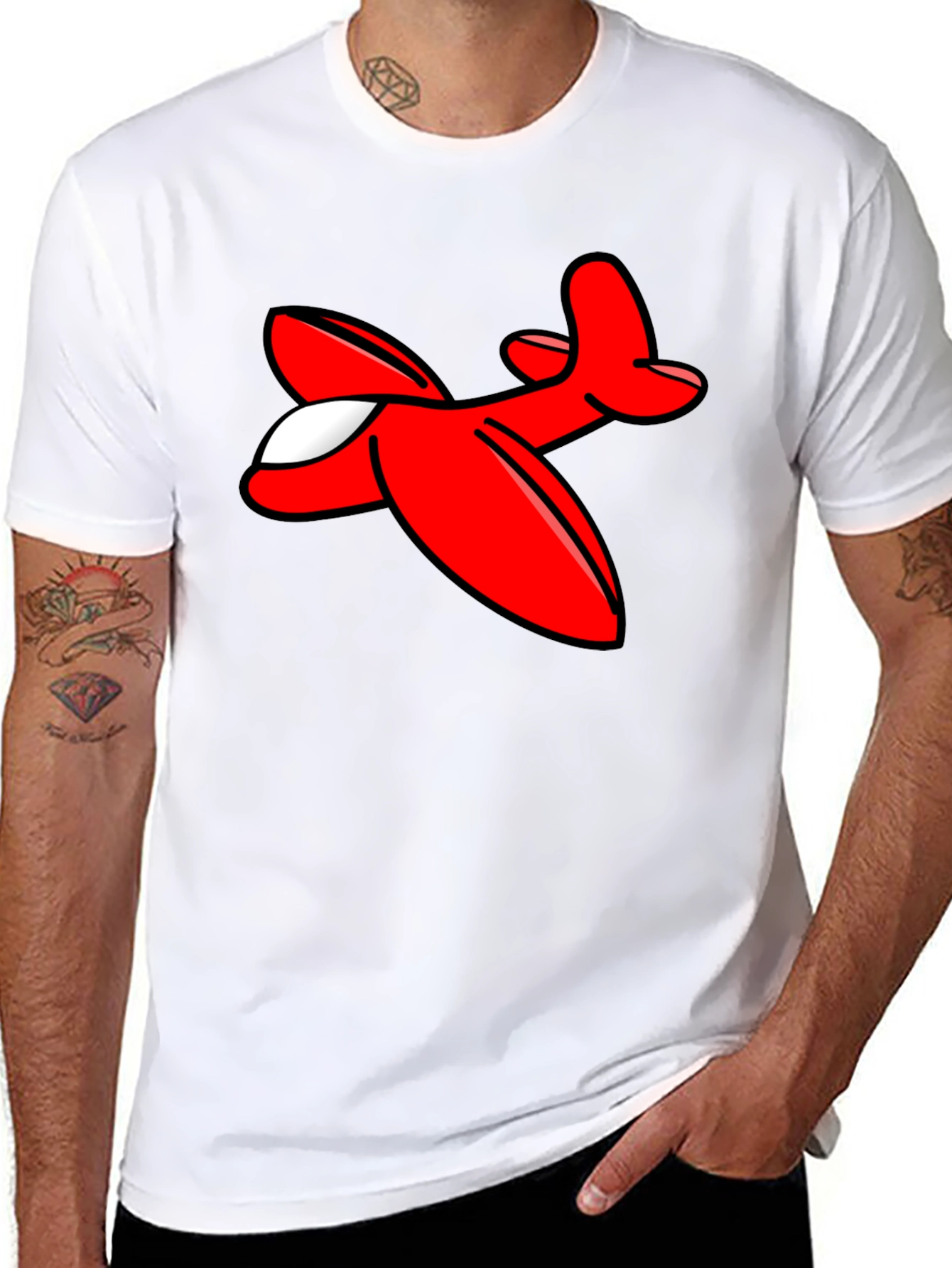 Cartoon Airplane Graphic Tee - Black Cotton T-Shirt