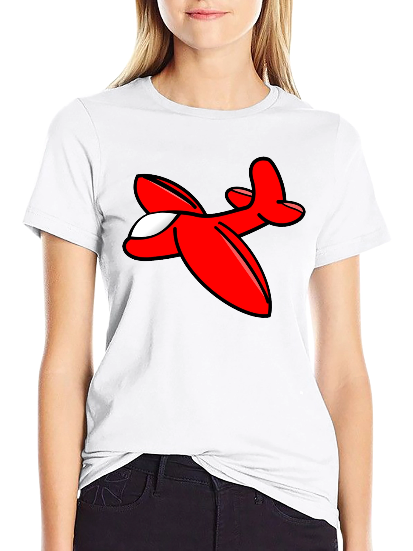 Cartoon Airplane Graphic Tee - Black Cotton T-Shirt