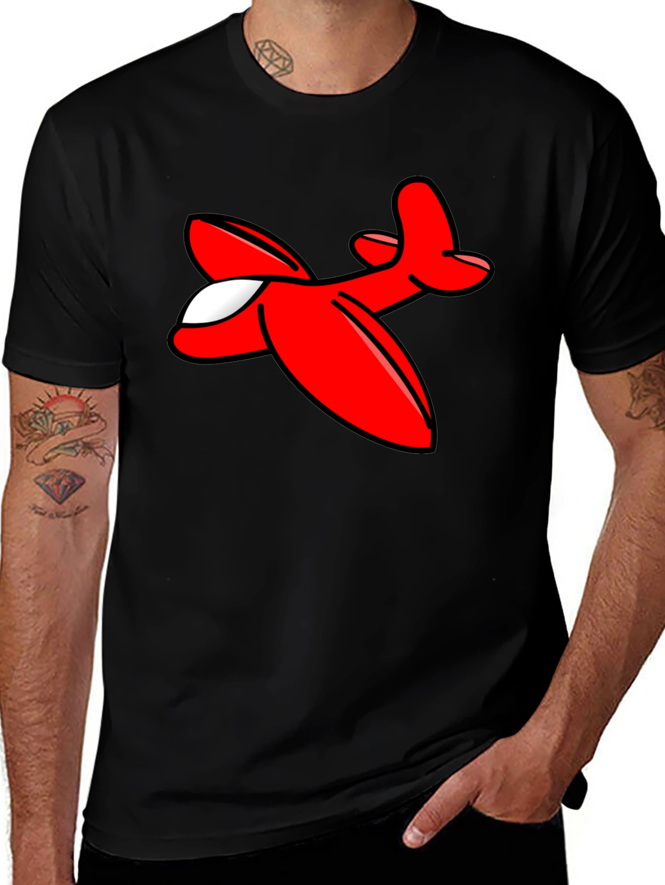 Cartoon Airplane Graphic Tee - Black Cotton T-Shirt