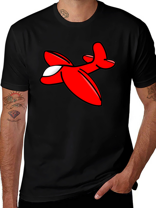 Cartoon Airplane Graphic Tee - Black Cotton T-Shirt