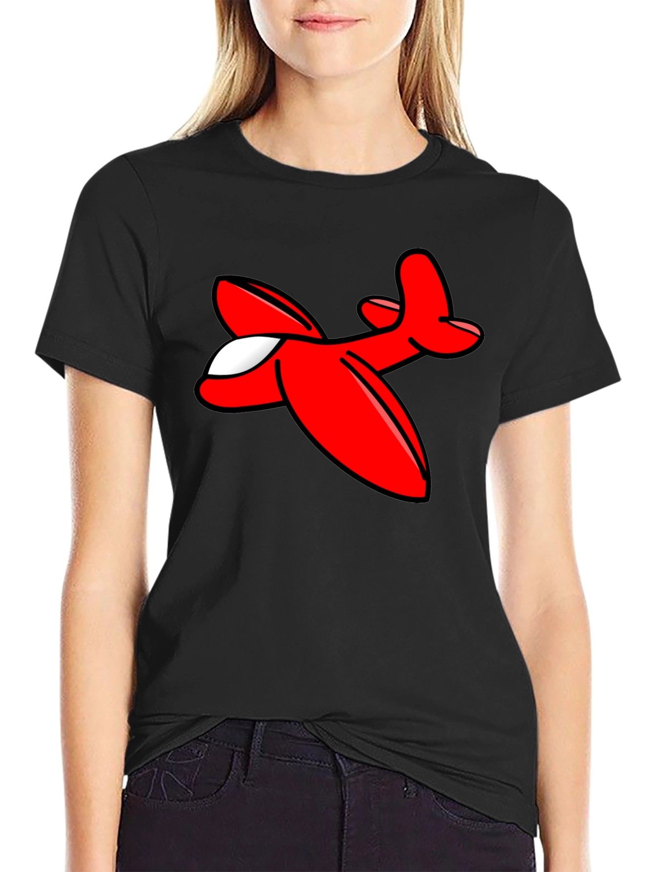 Cartoon Airplane Graphic Tee - Black Cotton T-Shirt
