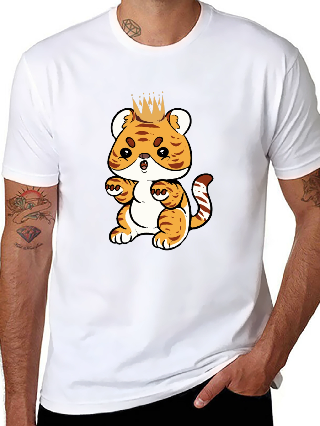 Cute Cartoon Tiger King Black T-Shirt
