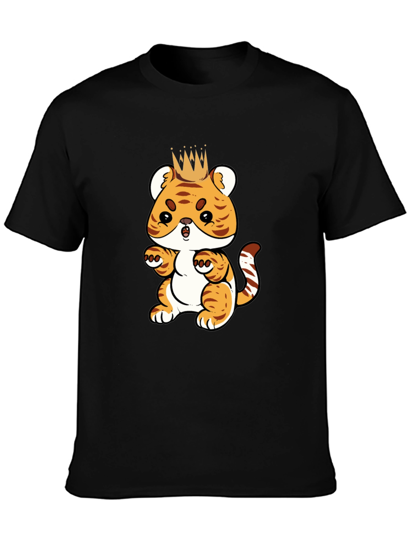 Cute Cartoon Tiger King Black T-Shirt