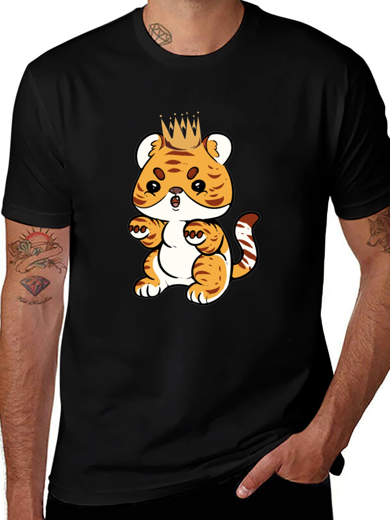 Cute Cartoon Tiger King Black T-Shirt