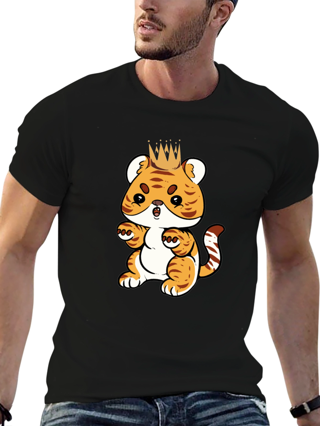 Cute Cartoon Tiger King Black T-Shirt