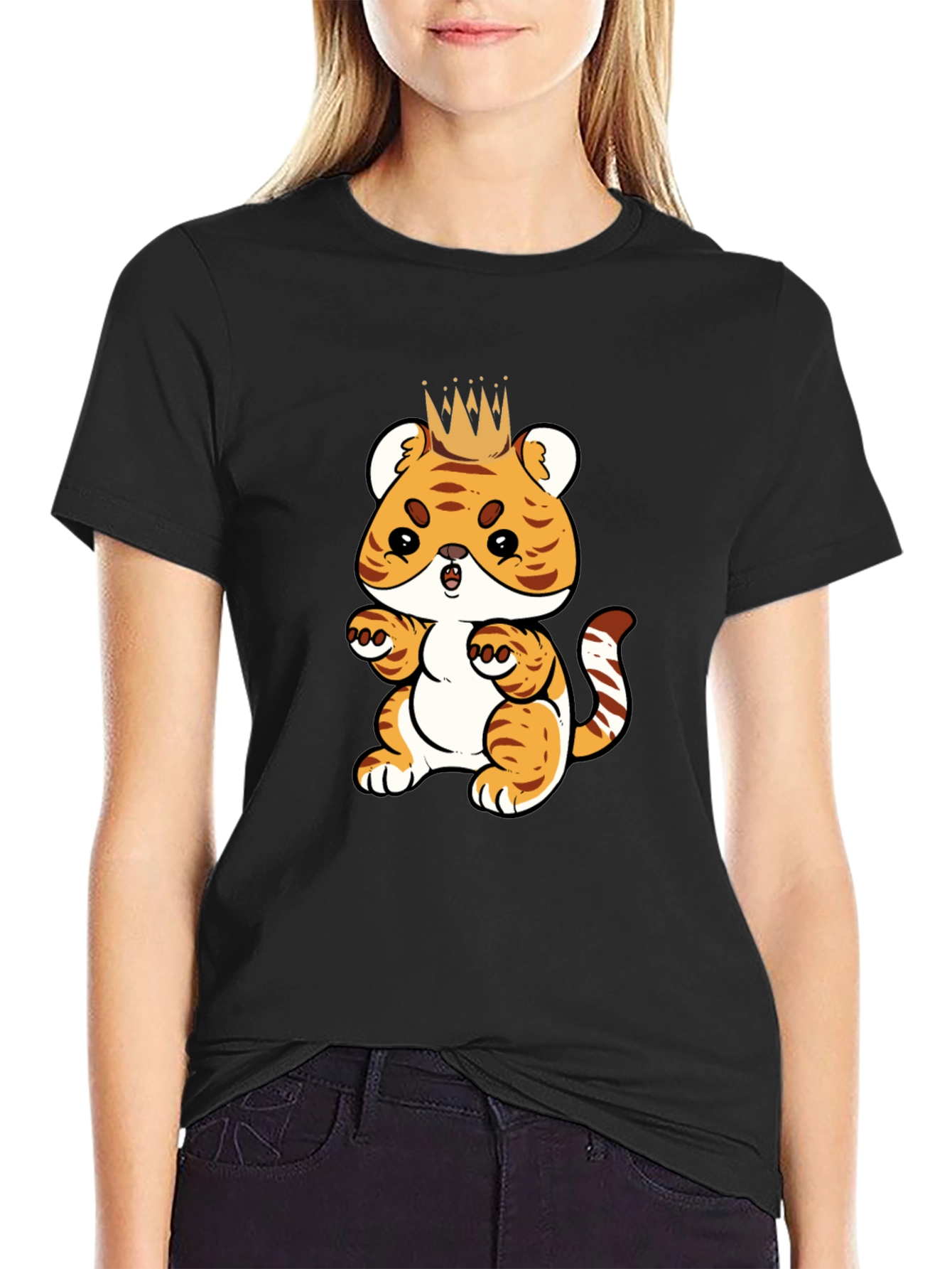 Cute Cartoon Tiger King Black T-Shirt