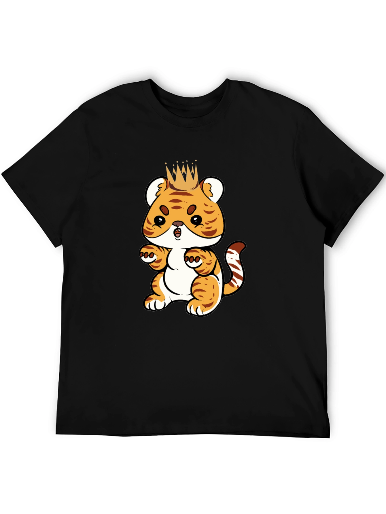 Cute Cartoon Tiger King Black T-Shirt