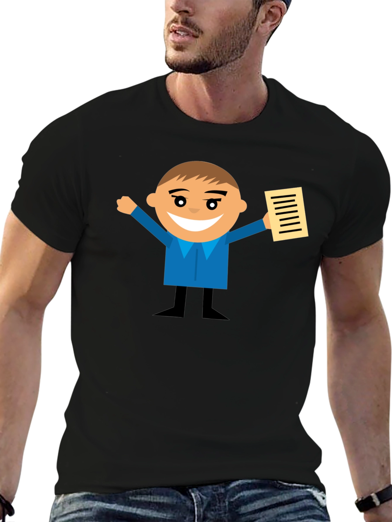 Cartoon Man Holding Document Black T-Shirt