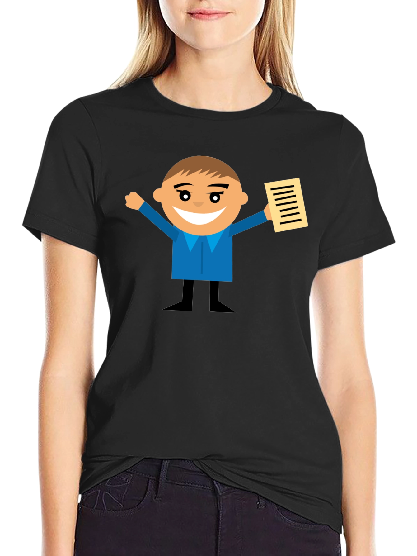 Cartoon Man Holding Document Black T-Shirt