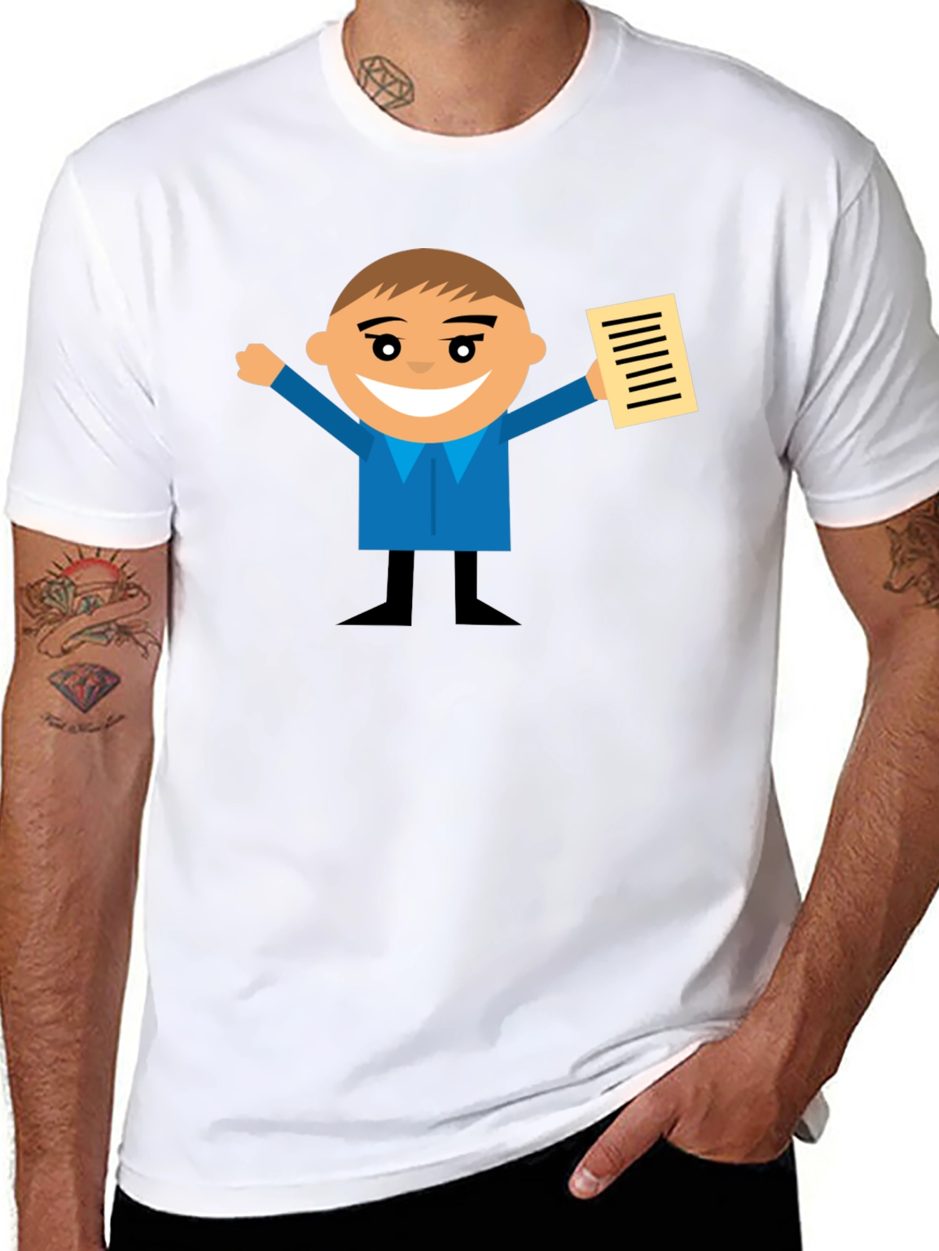 Cartoon Man Holding Document Black T-Shirt