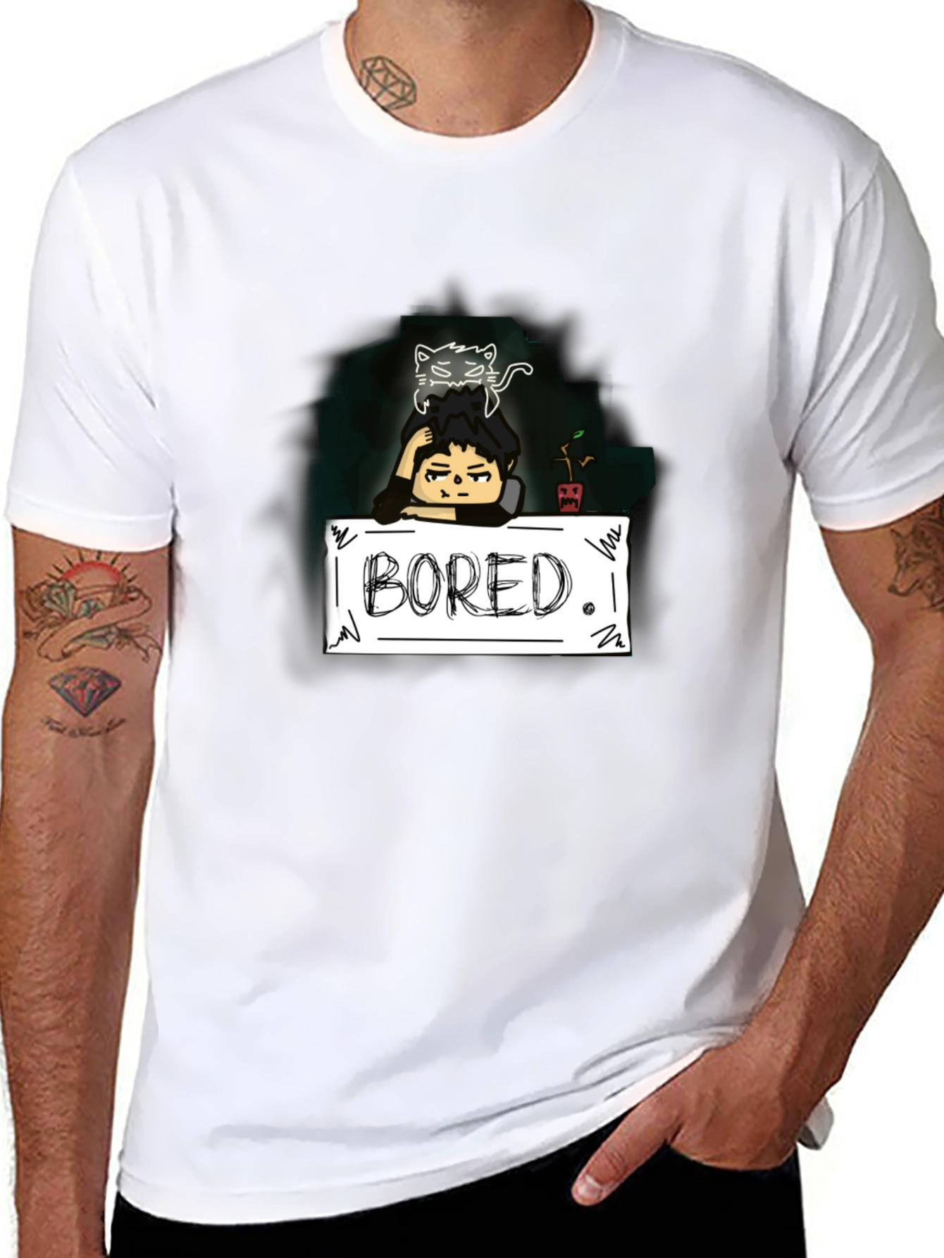 Bored Cat Graphic Tee - Black Cotton T-Shirt