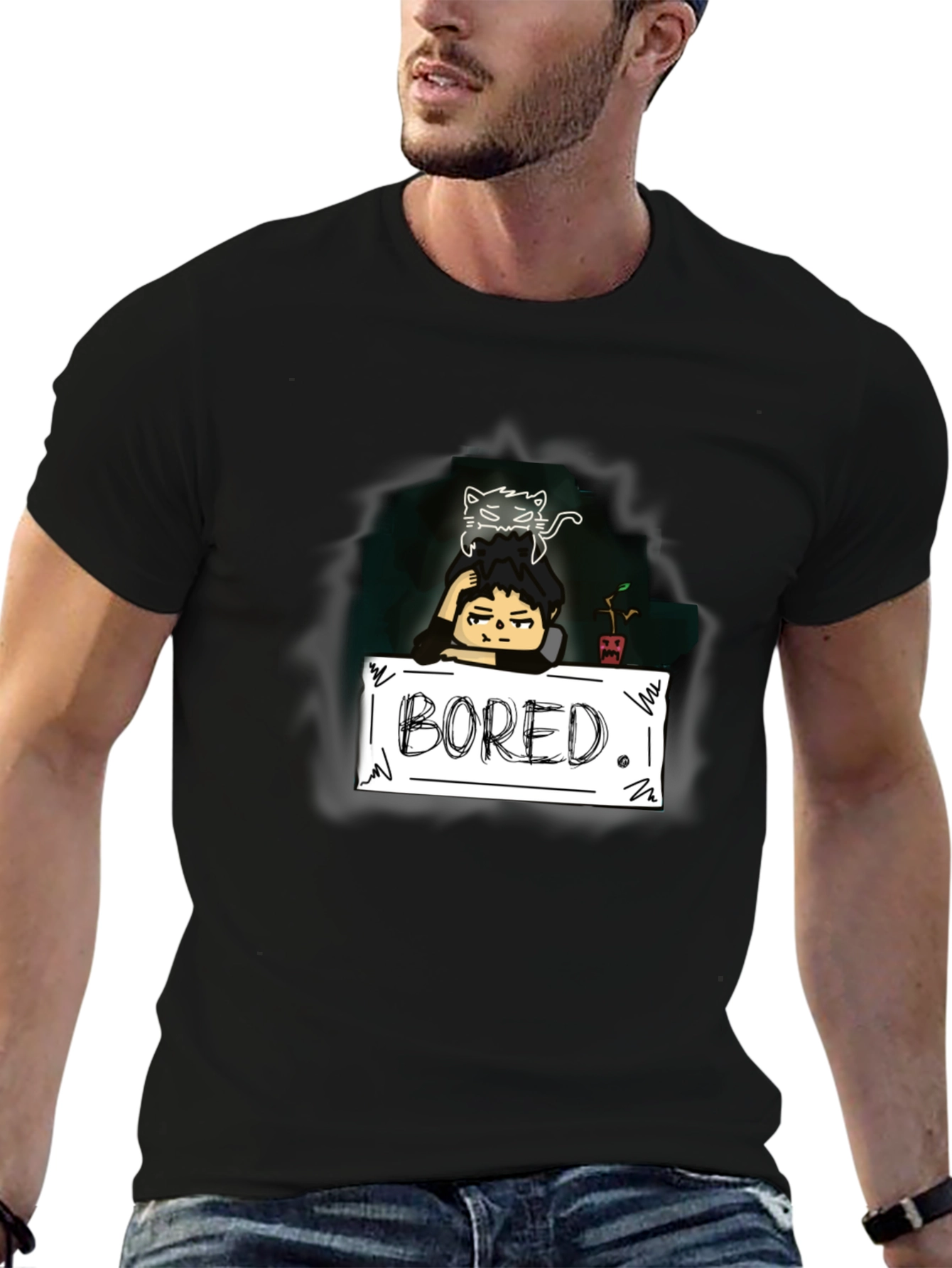Bored Cat Graphic Tee - Black Cotton T-Shirt