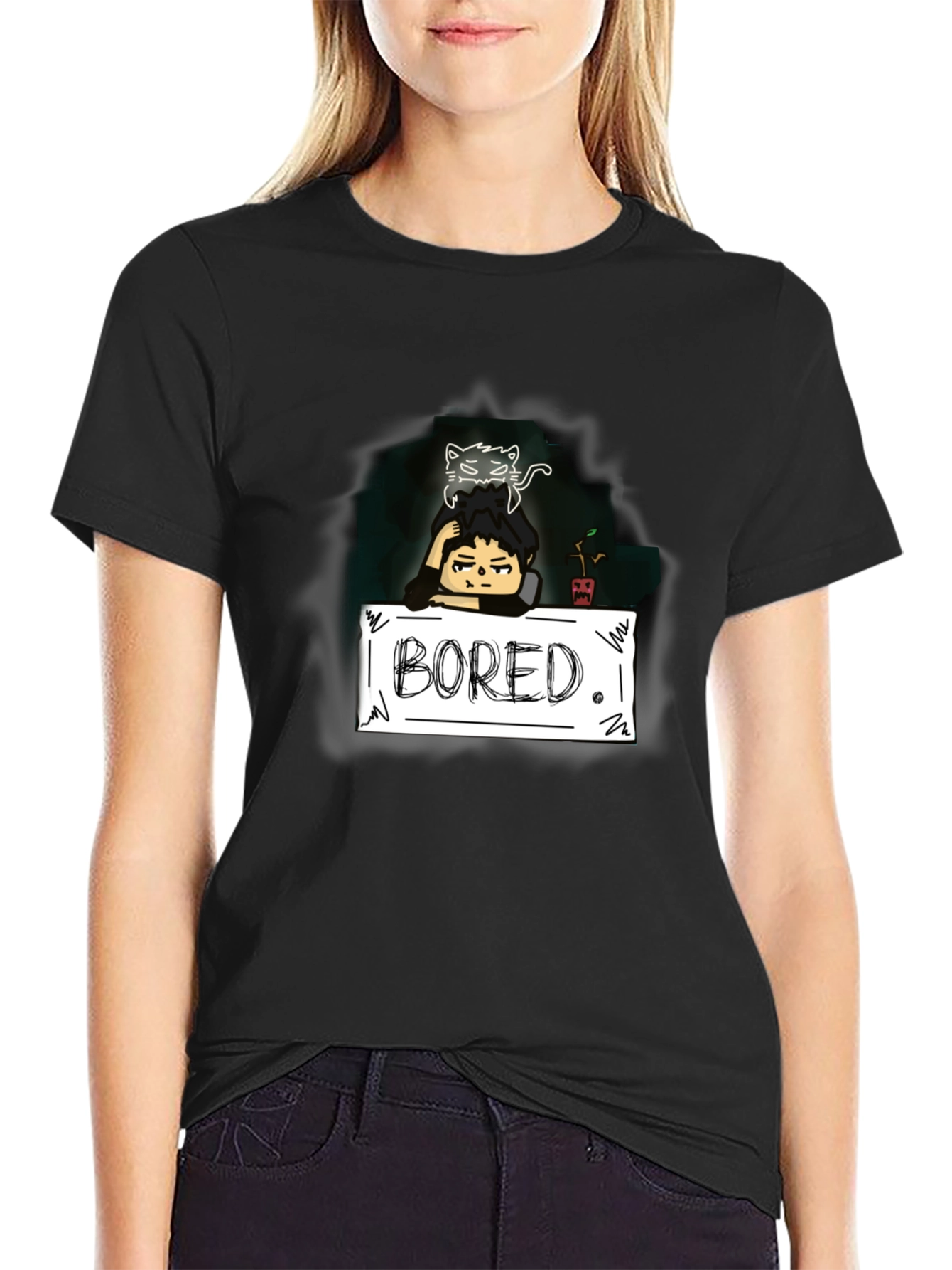 Bored Cat Graphic Tee - Black Cotton T-Shirt