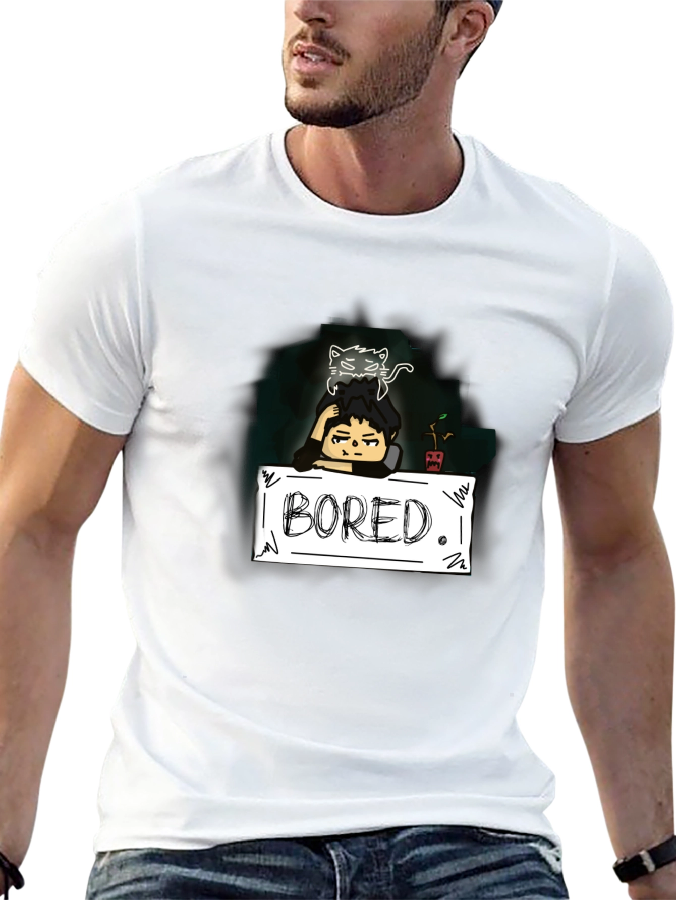 Bored Cat Graphic Tee - Black Cotton T-Shirt