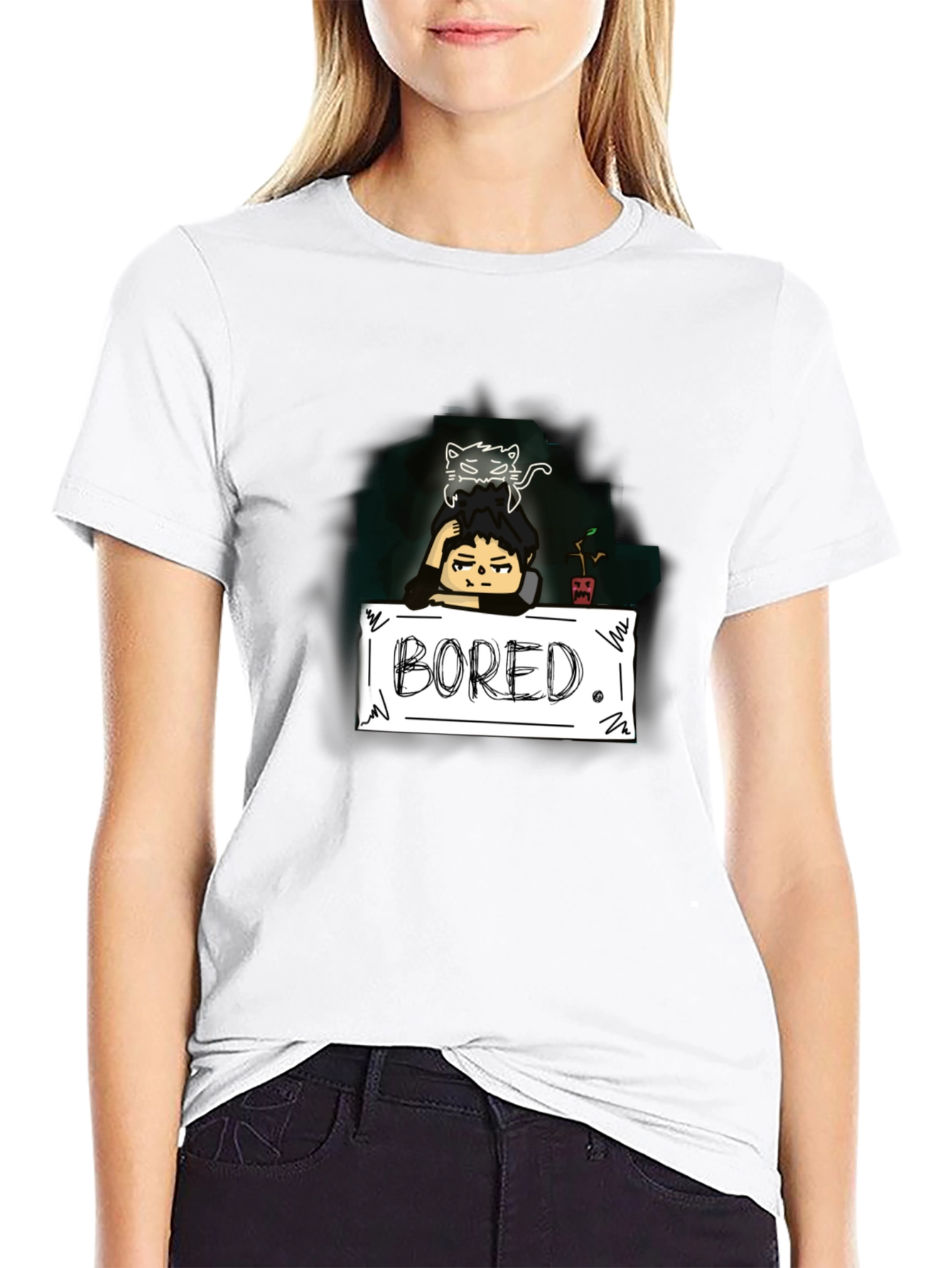 Bored Cat Graphic Tee - Black Cotton T-Shirt