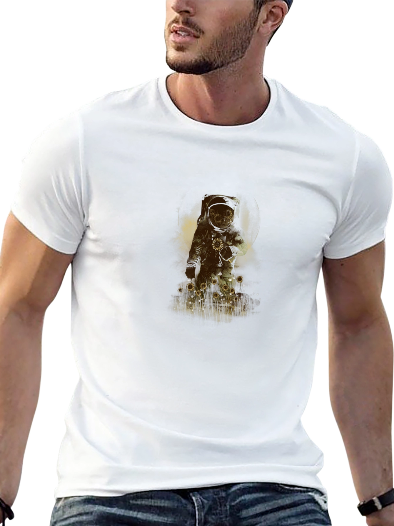 Astronaut Sunflower Graphic Black T-Shirt