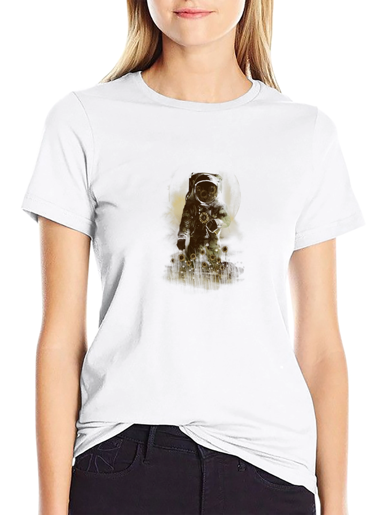 Astronaut Sunflower Graphic Black T-Shirt