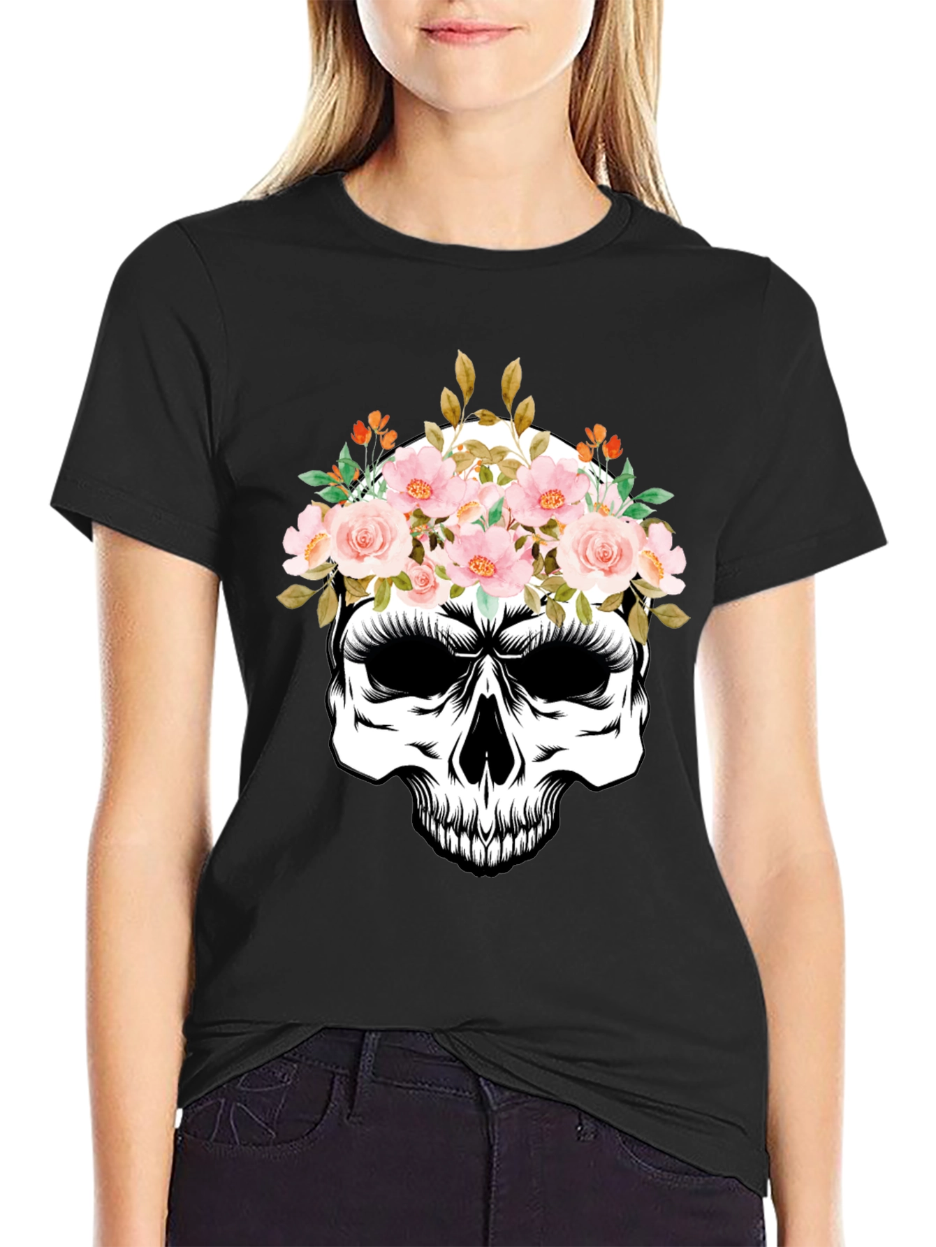 Floral Skull Graphic Tee - Black Cotton T-Shirt