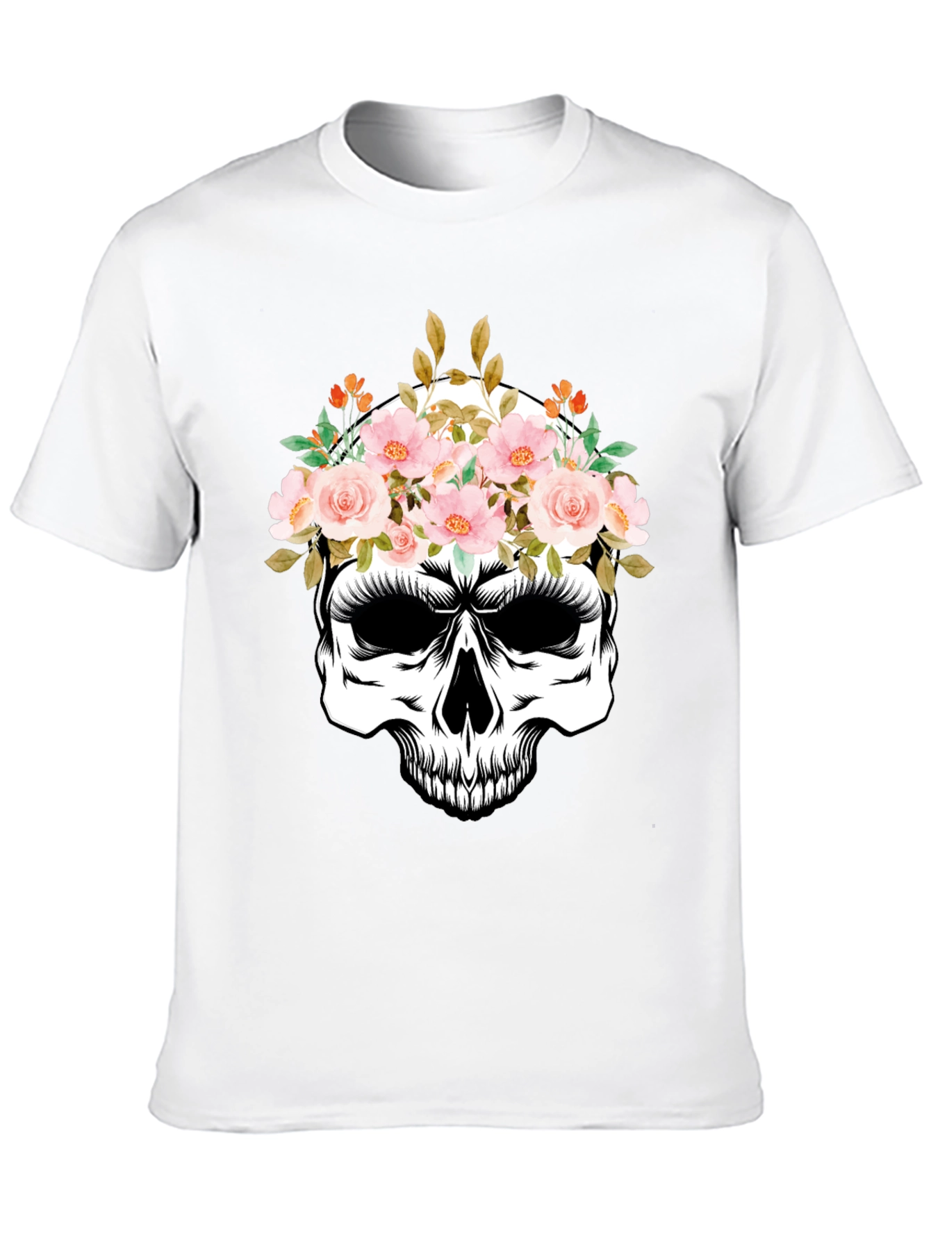 Floral Skull Graphic Tee - Black Cotton T-Shirt