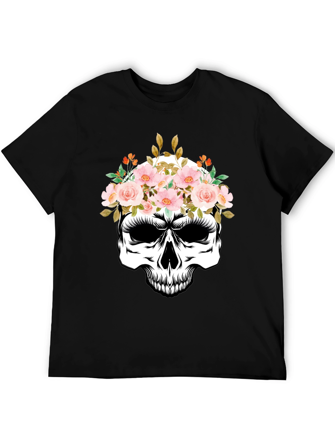 Floral Skull Graphic Tee - Black Cotton T-Shirt