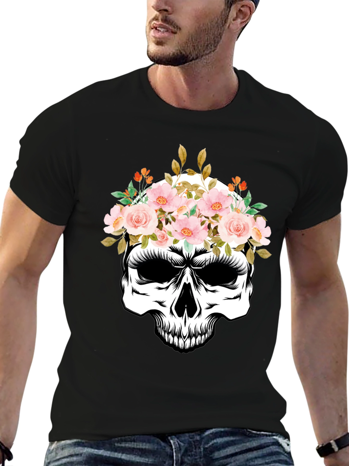 Floral Skull Graphic Tee - Black Cotton T-Shirt