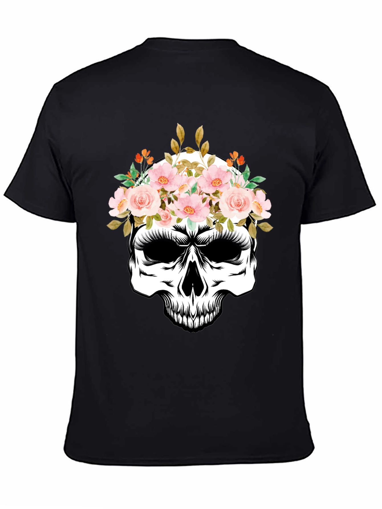 Floral Skull Graphic Tee - Black Cotton T-Shirt