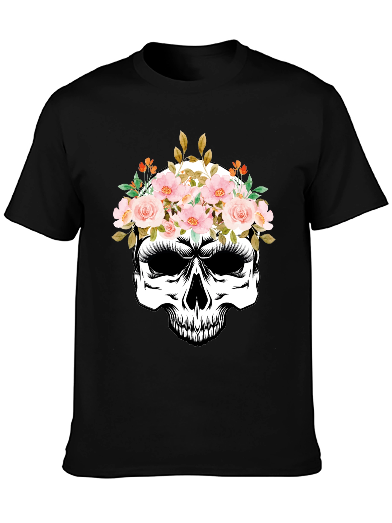 Floral Skull Graphic Tee - Black Cotton T-Shirt