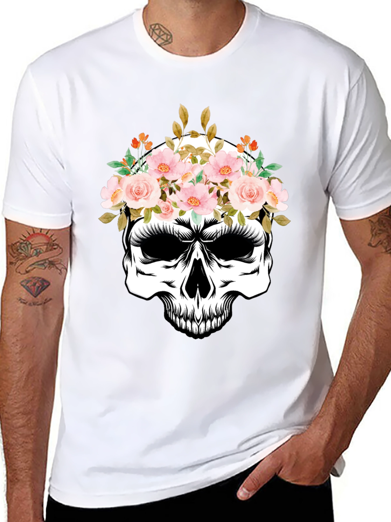 Floral Skull Graphic Tee - Black Cotton T-Shirt