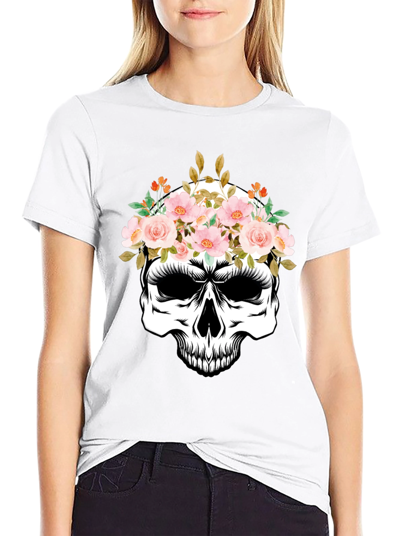 Floral Skull Graphic Tee - Black Cotton T-Shirt