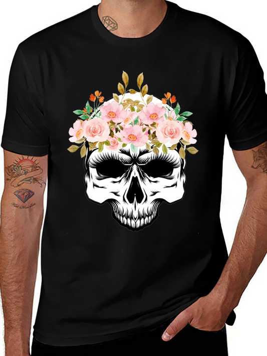 Floral Skull Graphic Tee - Black Cotton T-Shirt