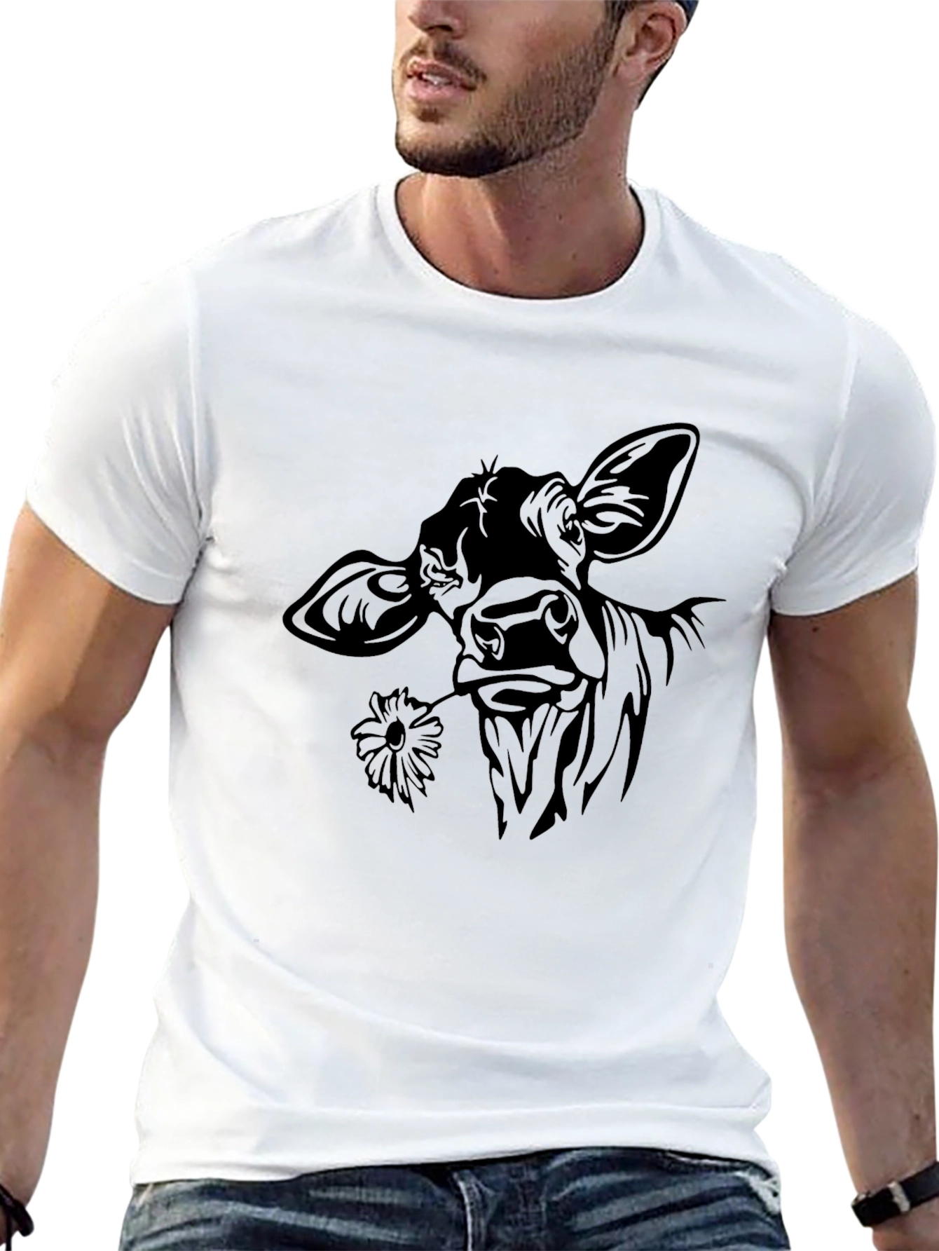 Cow with Flower T-Shirt - Black Crew Neck Tee