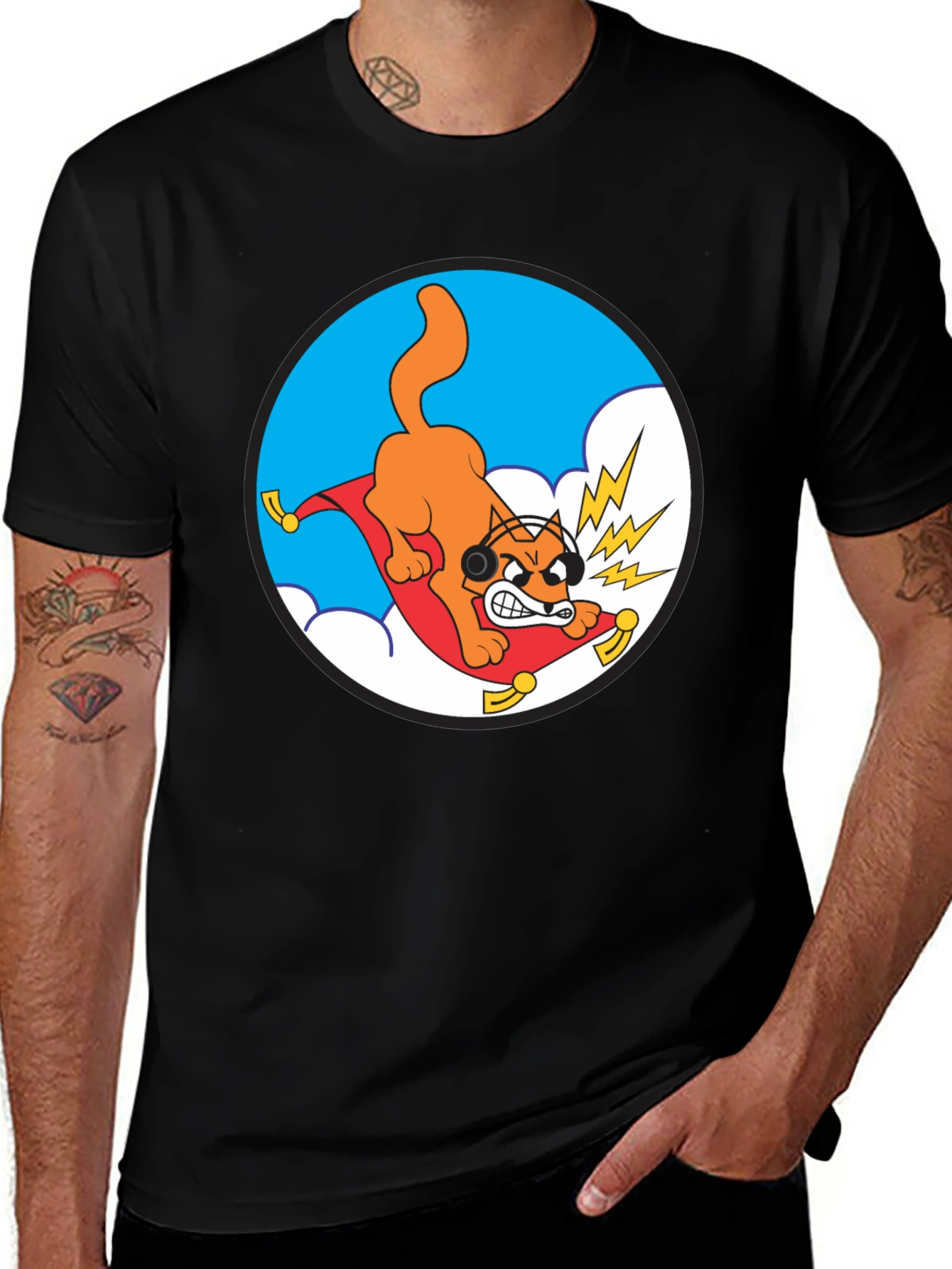 Crazy Cat Graphic Tee - Black Cotton T-Shirt