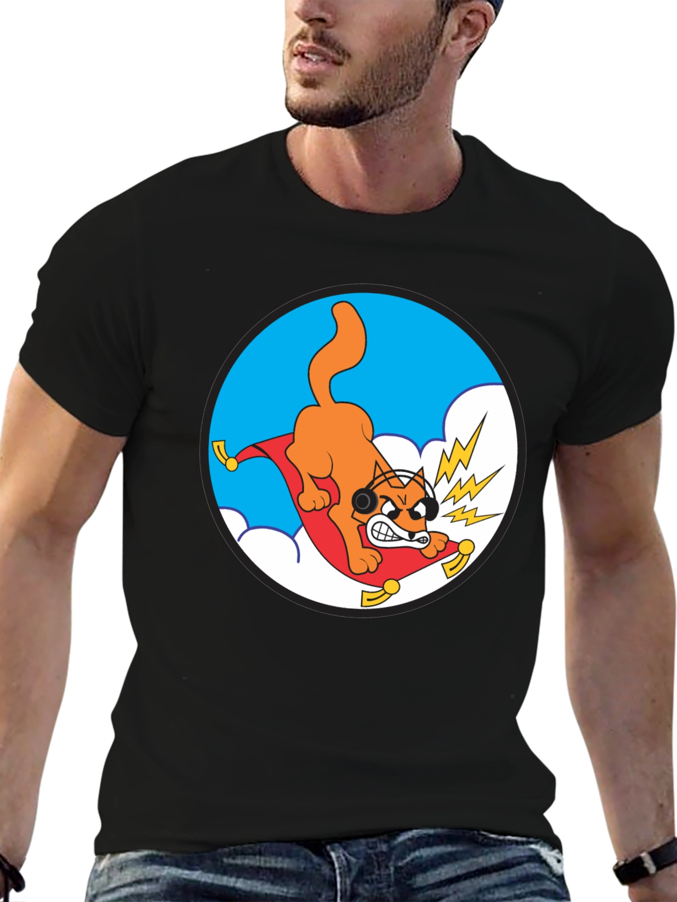Crazy Cat Graphic Tee - Black Cotton T-Shirt