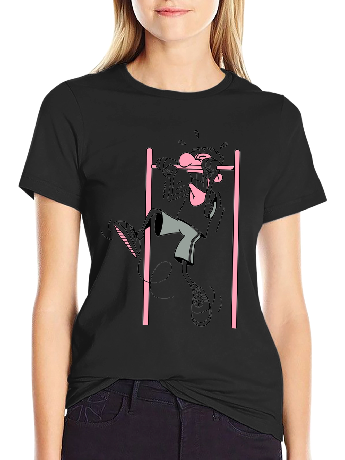 Cartoon Gymnast Graphic Black T-Shirt