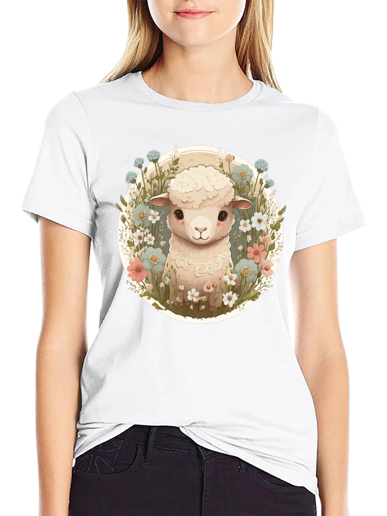 Cute Lamb & Flower Graphic Tee