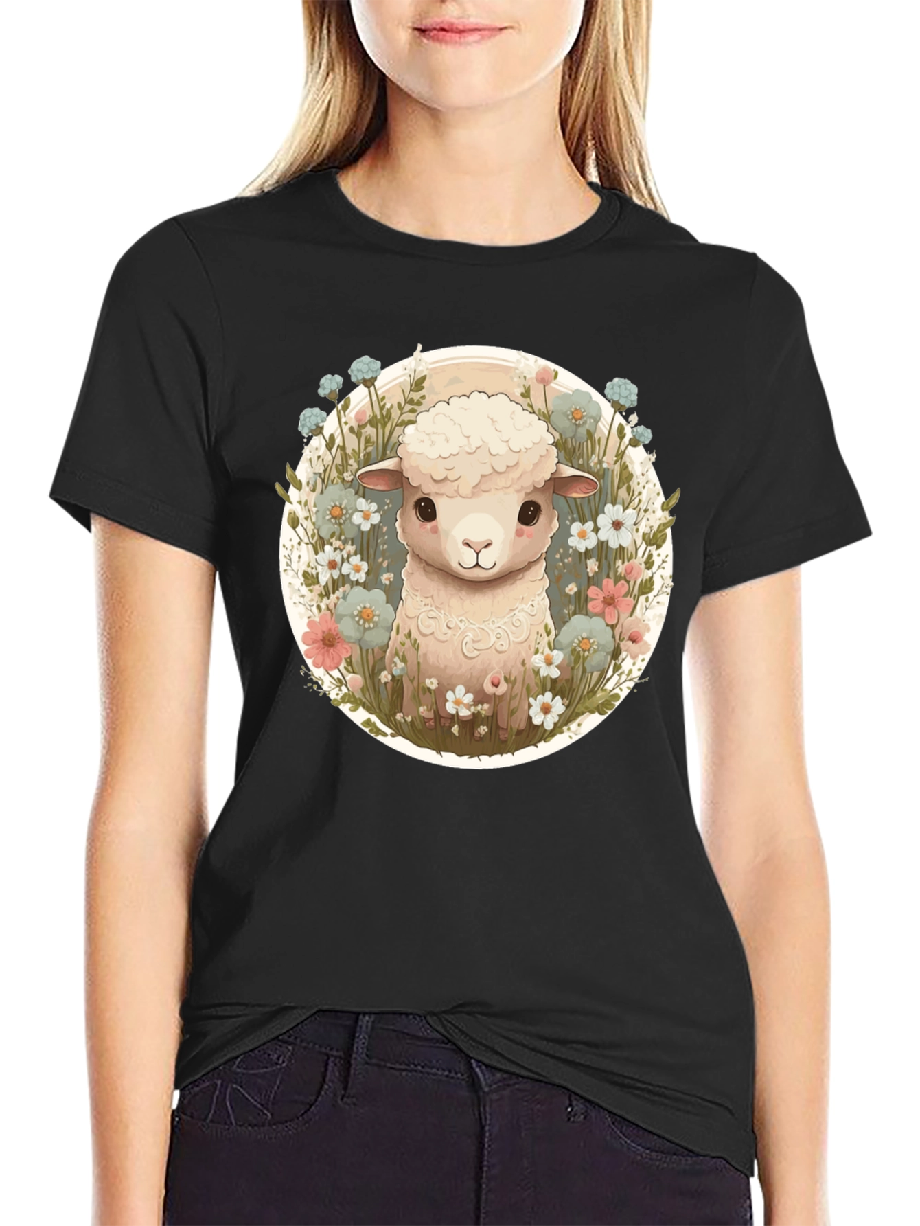 Cute Lamb & Flower Graphic Tee