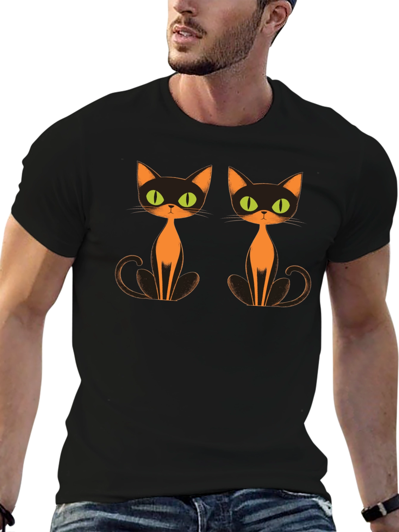 Retro Halloween Cat T-Shirt Black Crew Neck Tee