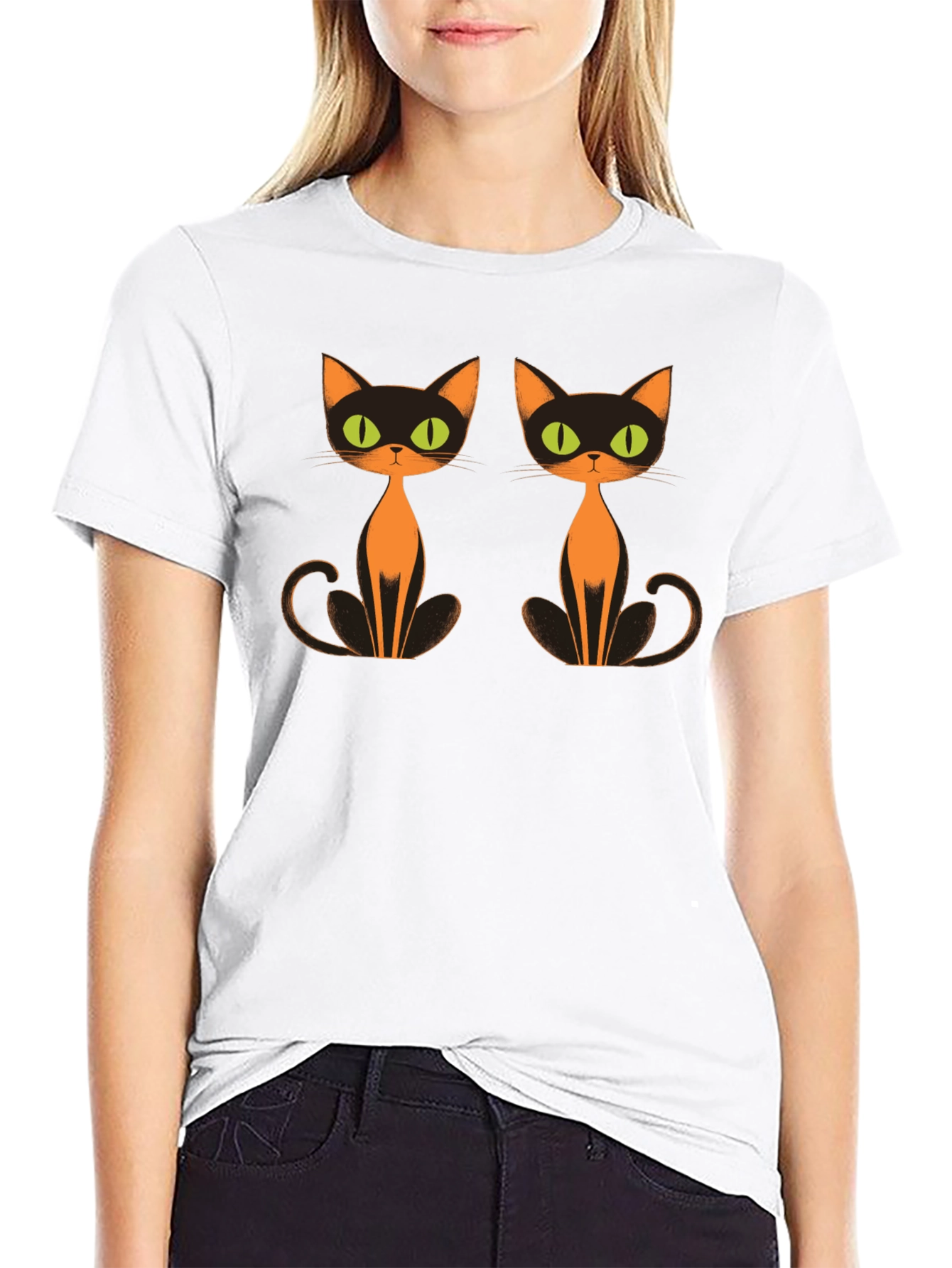 Retro Halloween Cat T-Shirt Black Crew Neck Tee
