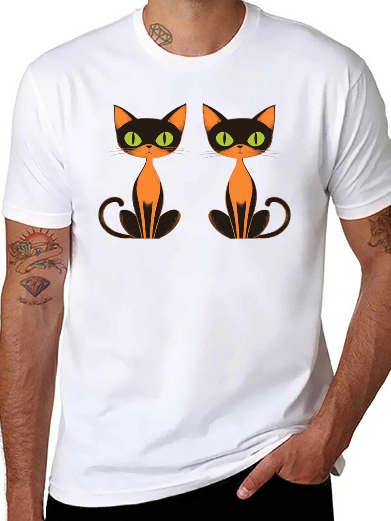 Retro Halloween Cat T-Shirt Black Crew Neck Tee