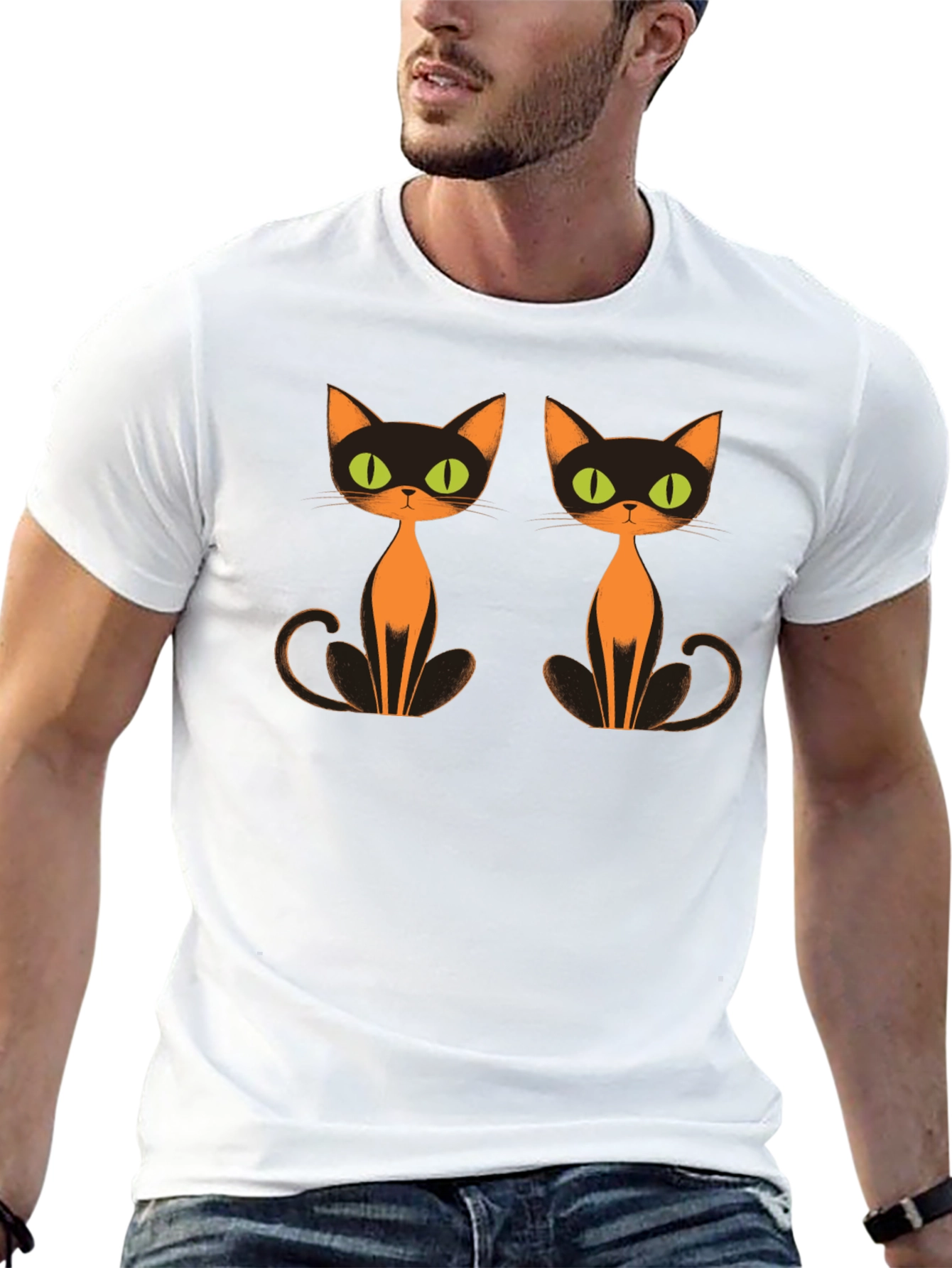 Retro Halloween Cat T-Shirt Black Crew Neck Tee