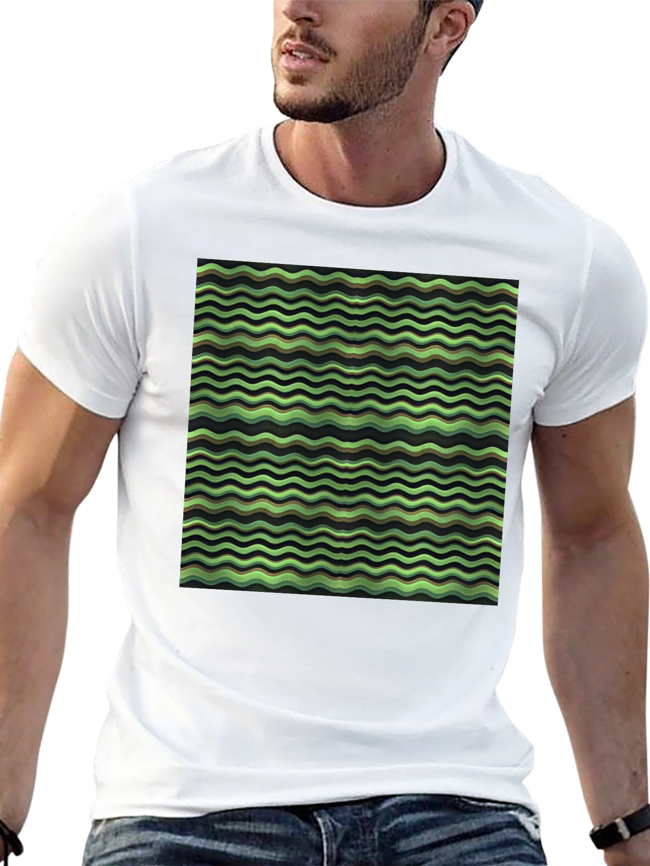 Green Wave Pattern Black T-Shirt