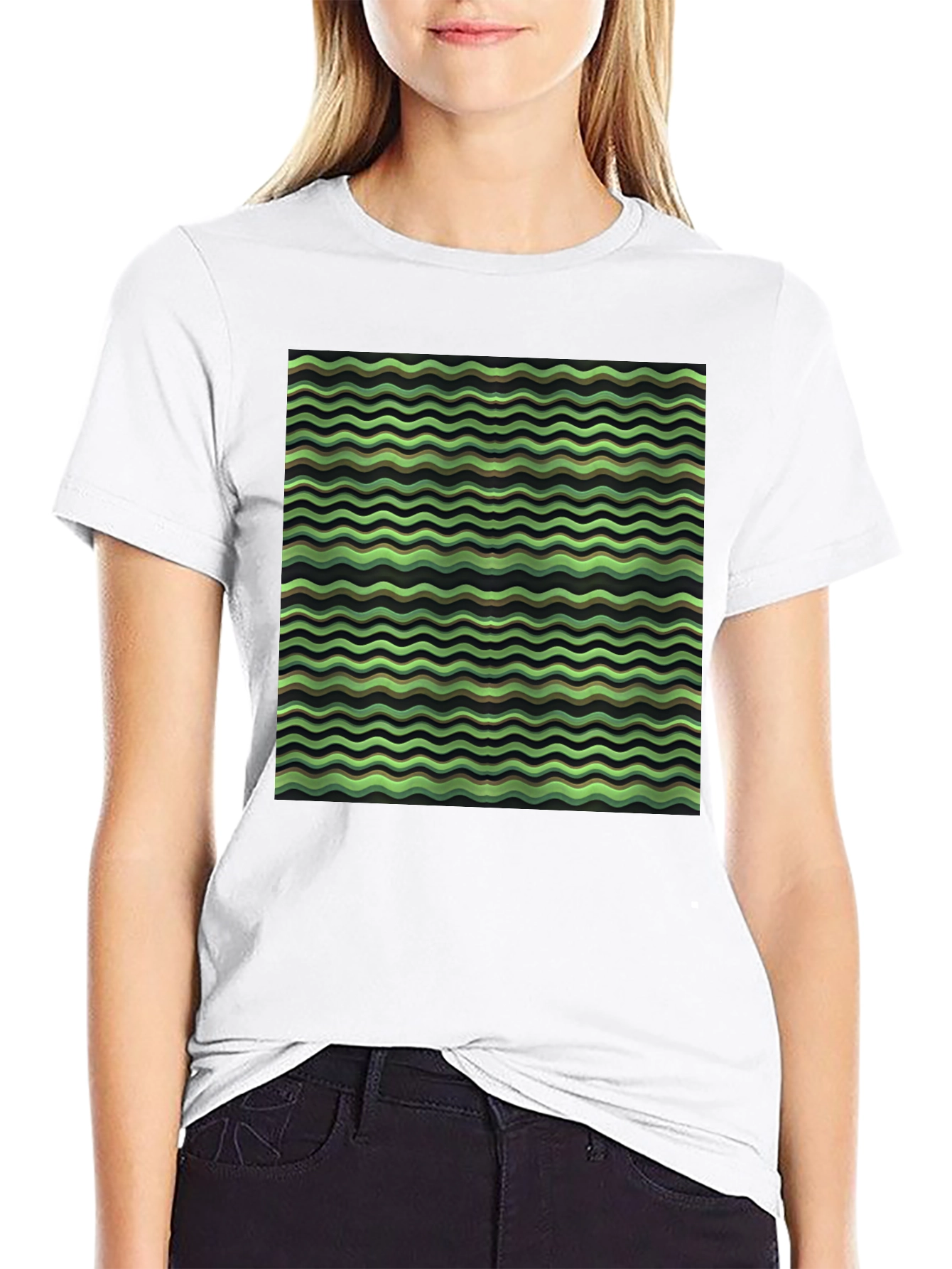 Green Wave Pattern Black T-Shirt