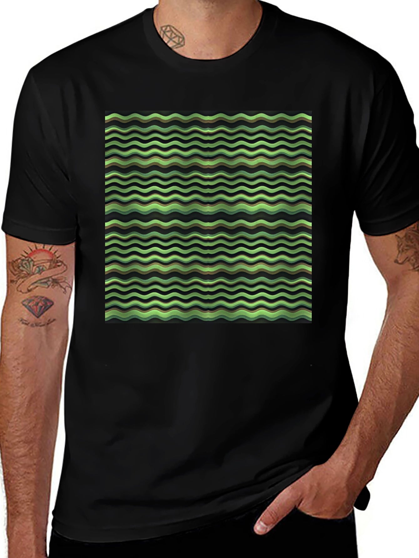 Green Wave Pattern Black T-Shirt