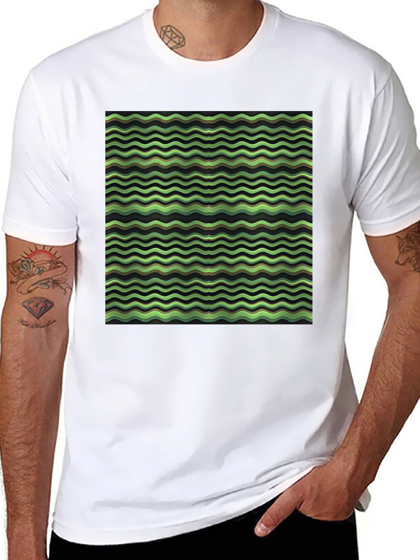 Green Wave Pattern Black T-Shirt