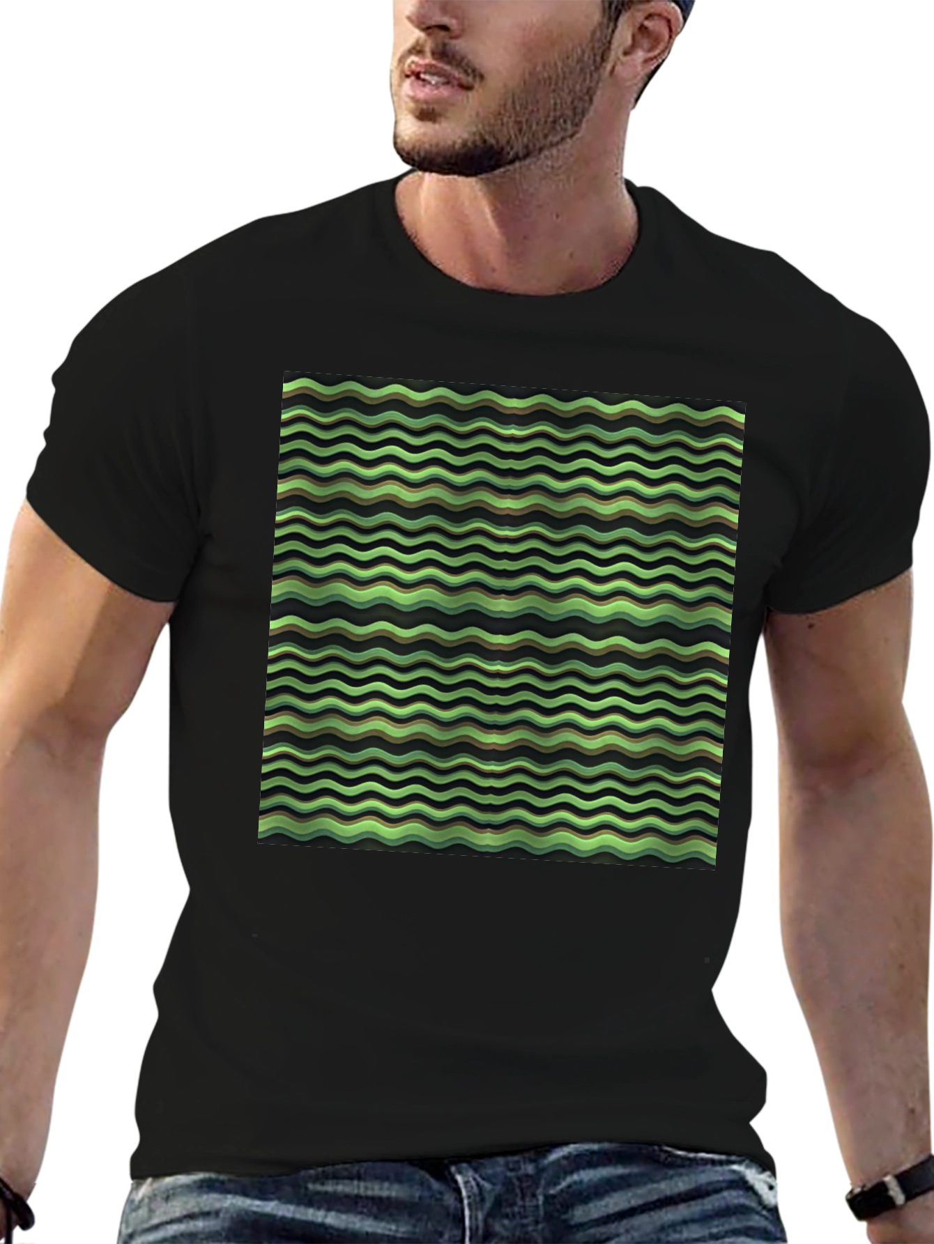 Green Wave Pattern Black T-Shirt