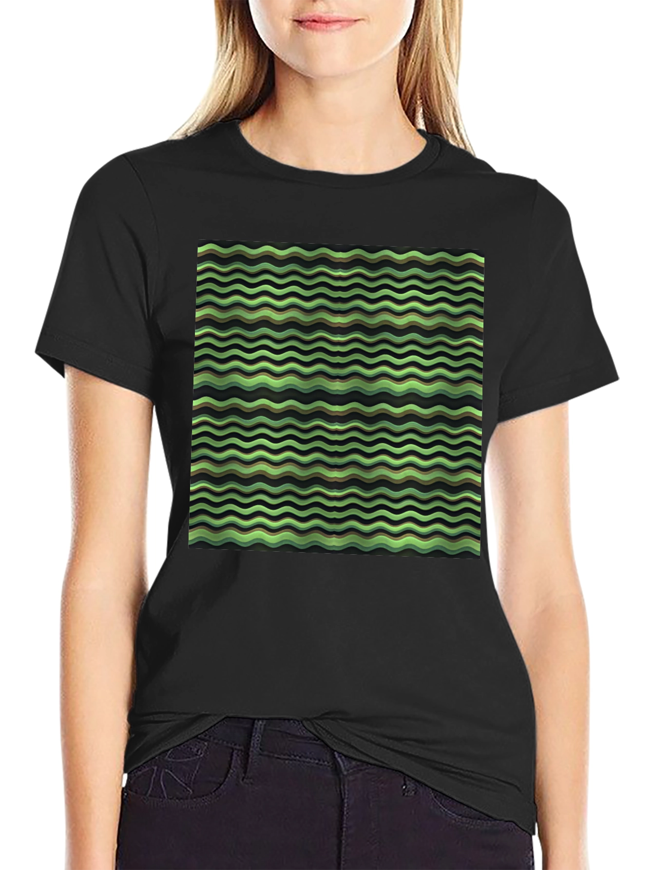 Green Wave Pattern Black T-Shirt
