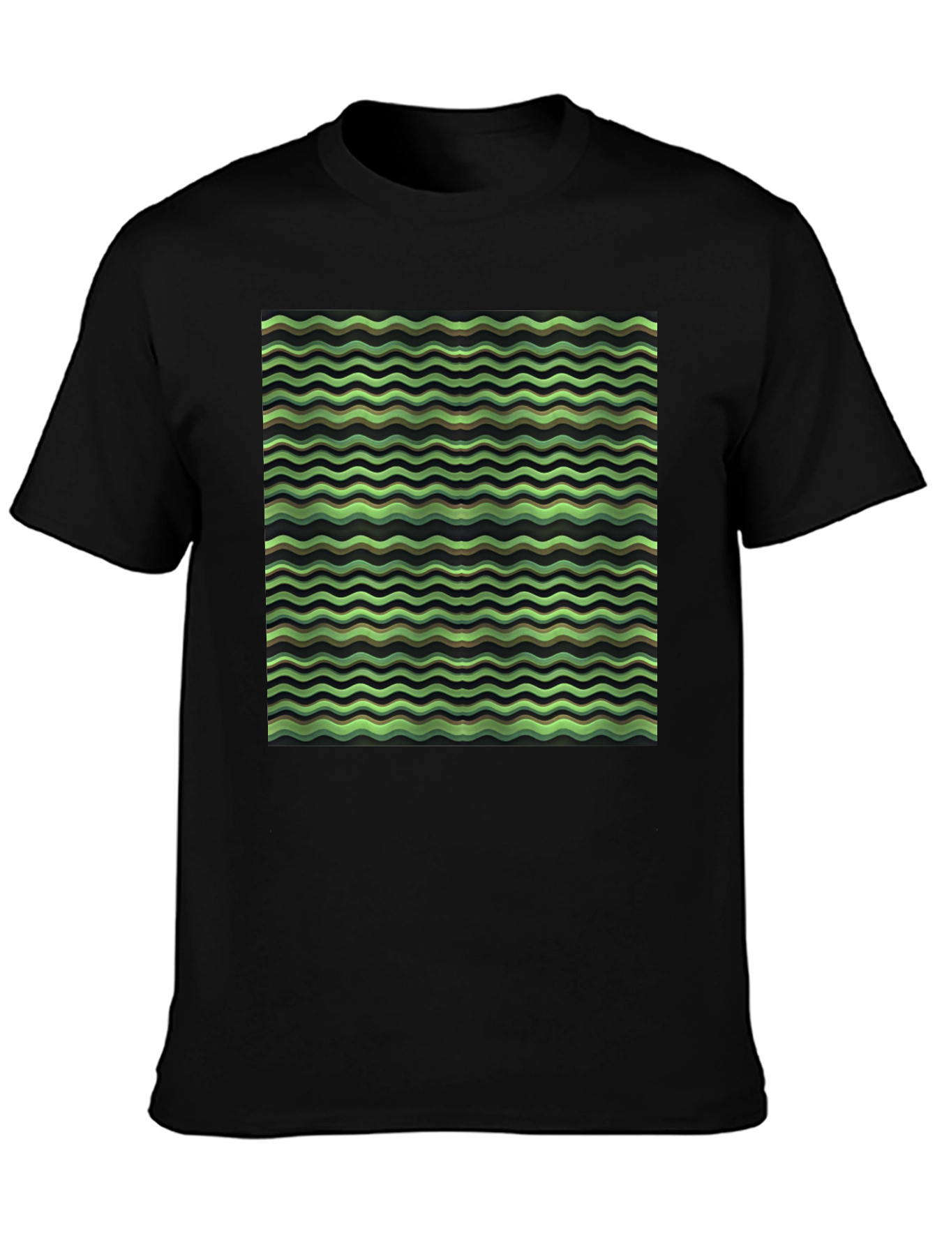 Green Wave Pattern Black T-Shirt