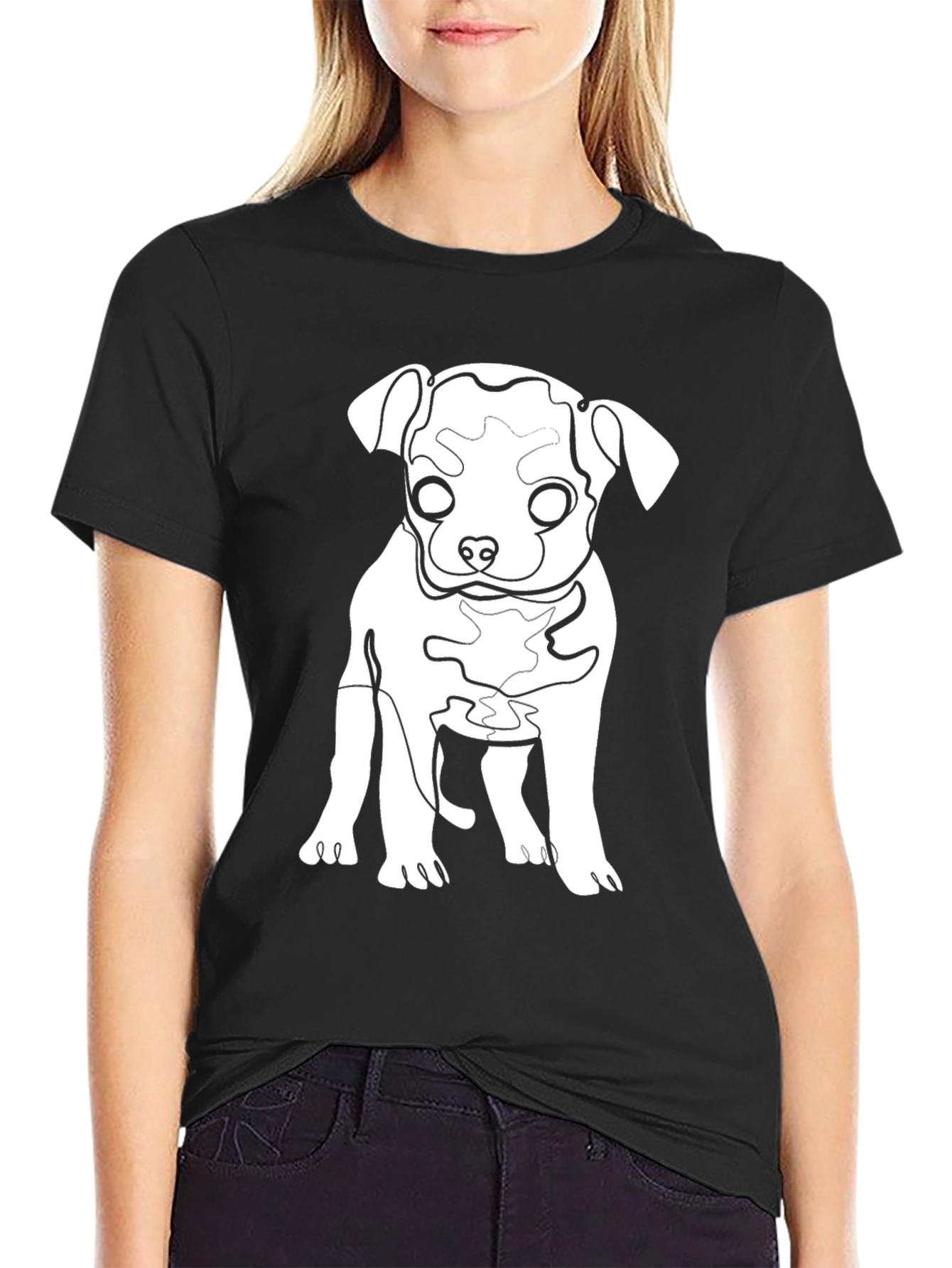Dog Line Art Graphic Tee - Black Cotton Blend
